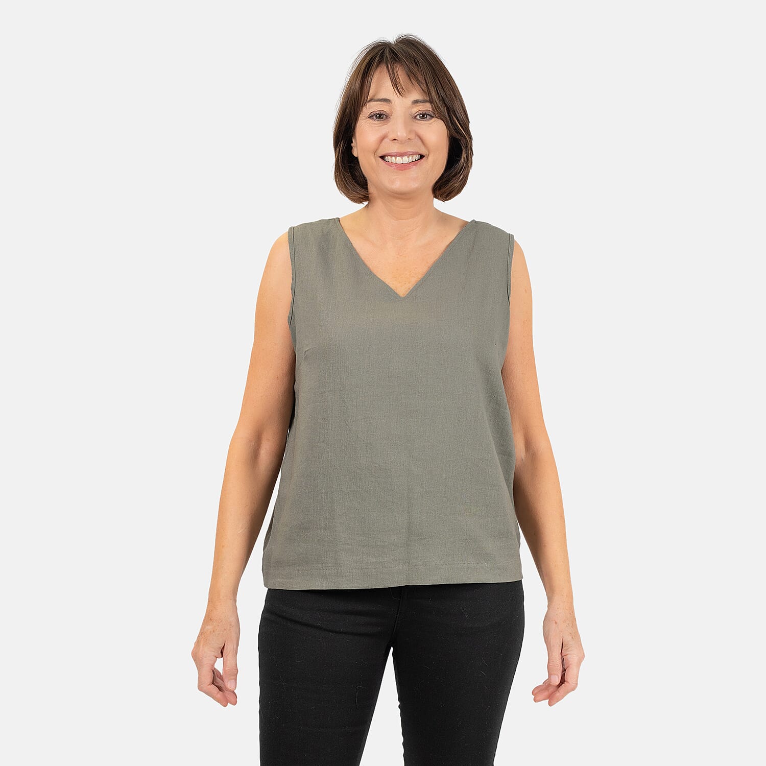 Ladies Sleeveless V-Neck Linen Top (Size 14) - Khaki