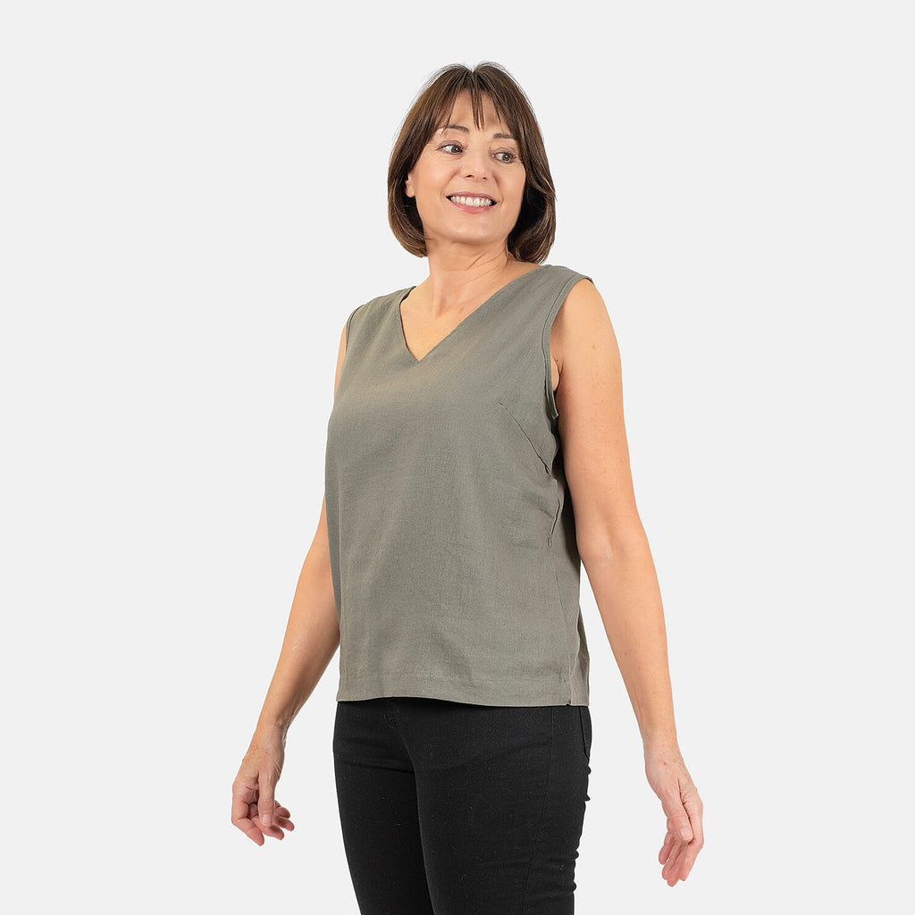 Ladies Sleeveless V-Neck Linen Top (Size 14) - Khaki