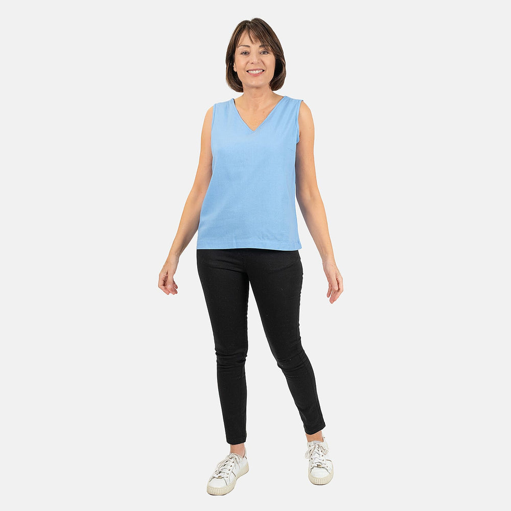Ladies Sleeveless V-Neck Linen Top (Size 12) - Pale Blue