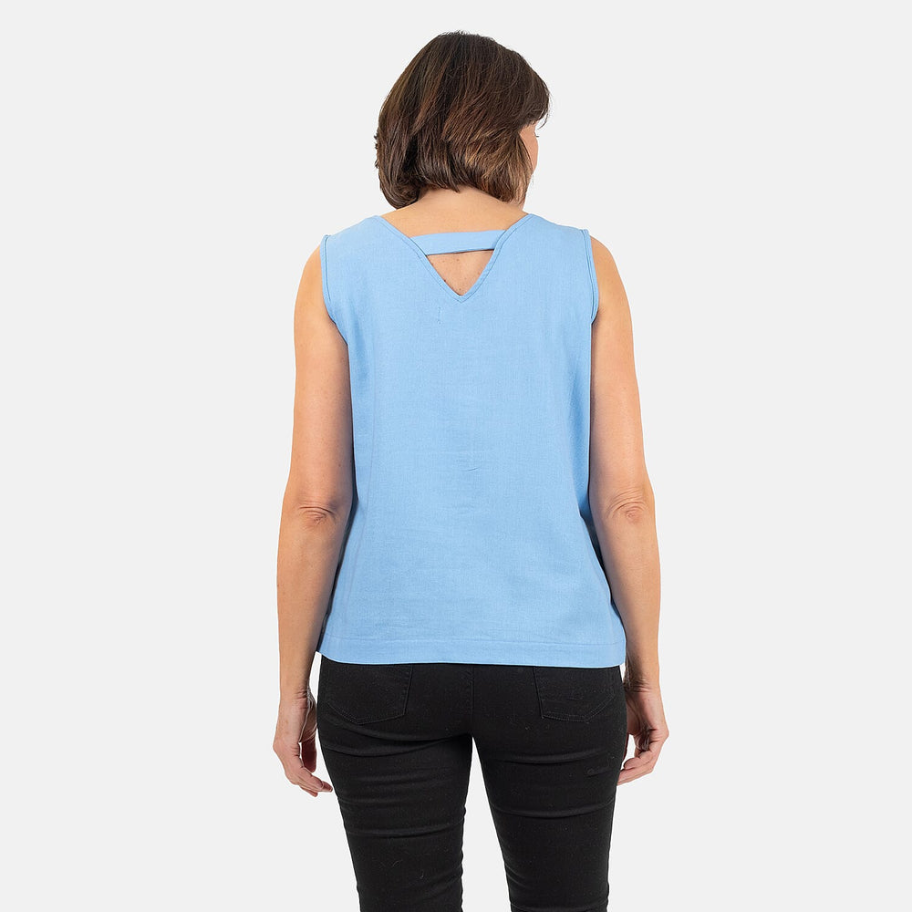 Ladies Sleeveless V-Neck Linen Top (Size 12) - Pale Blue