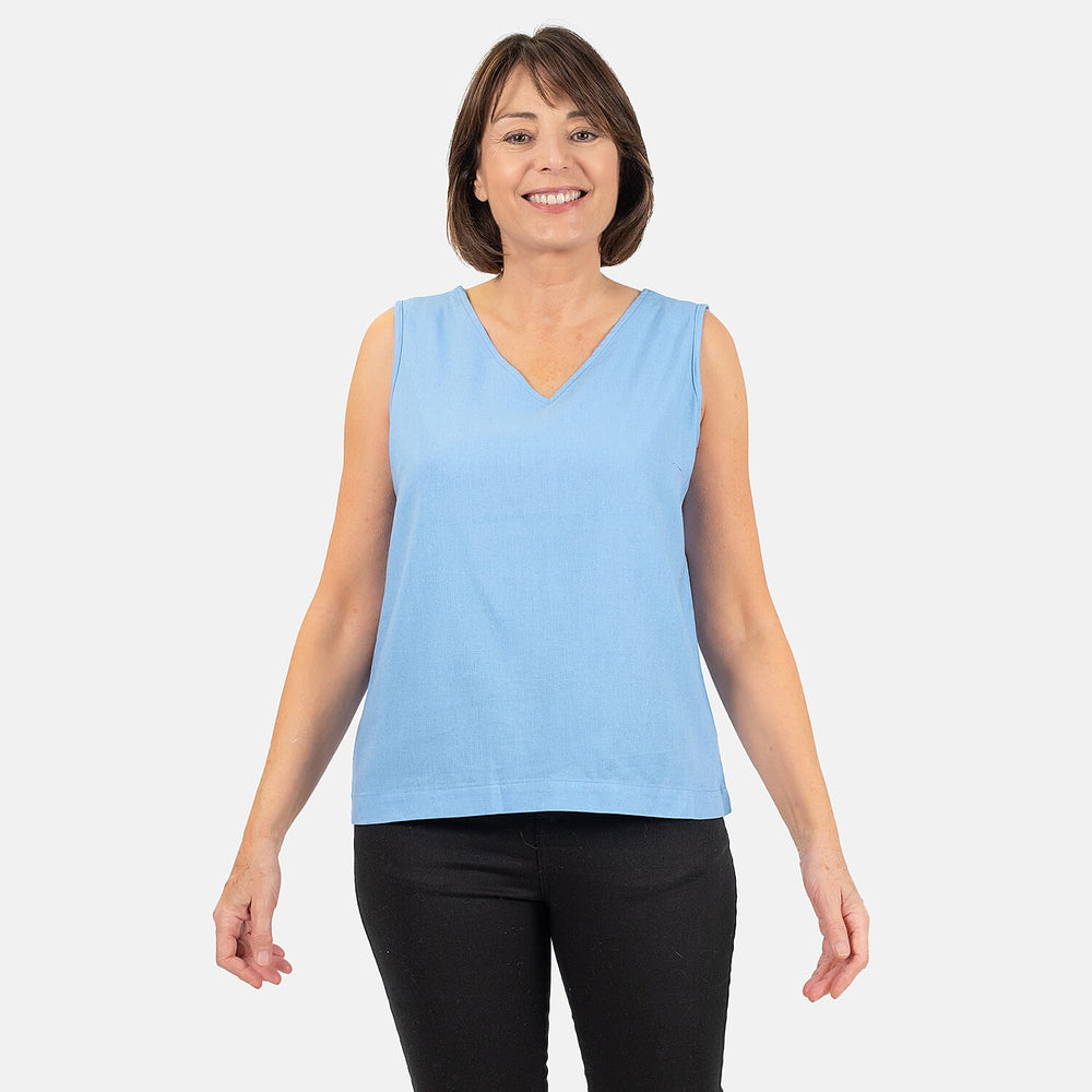 Ladies Sleeveless V-Neck Linen Top (Size 12) - Pale Blue