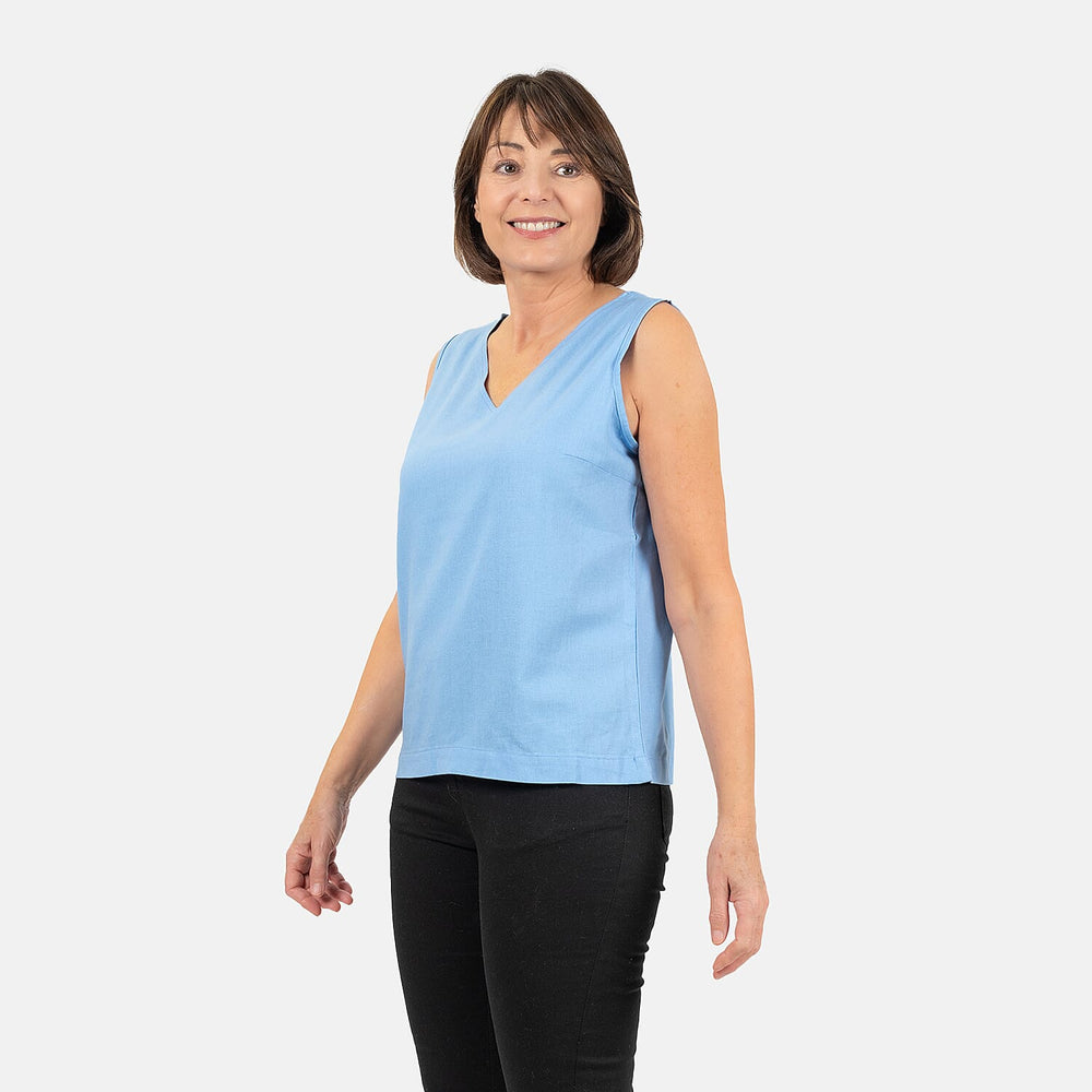 Ladies Sleeveless V-Neck Linen Top (Size 12) - Pale Blue