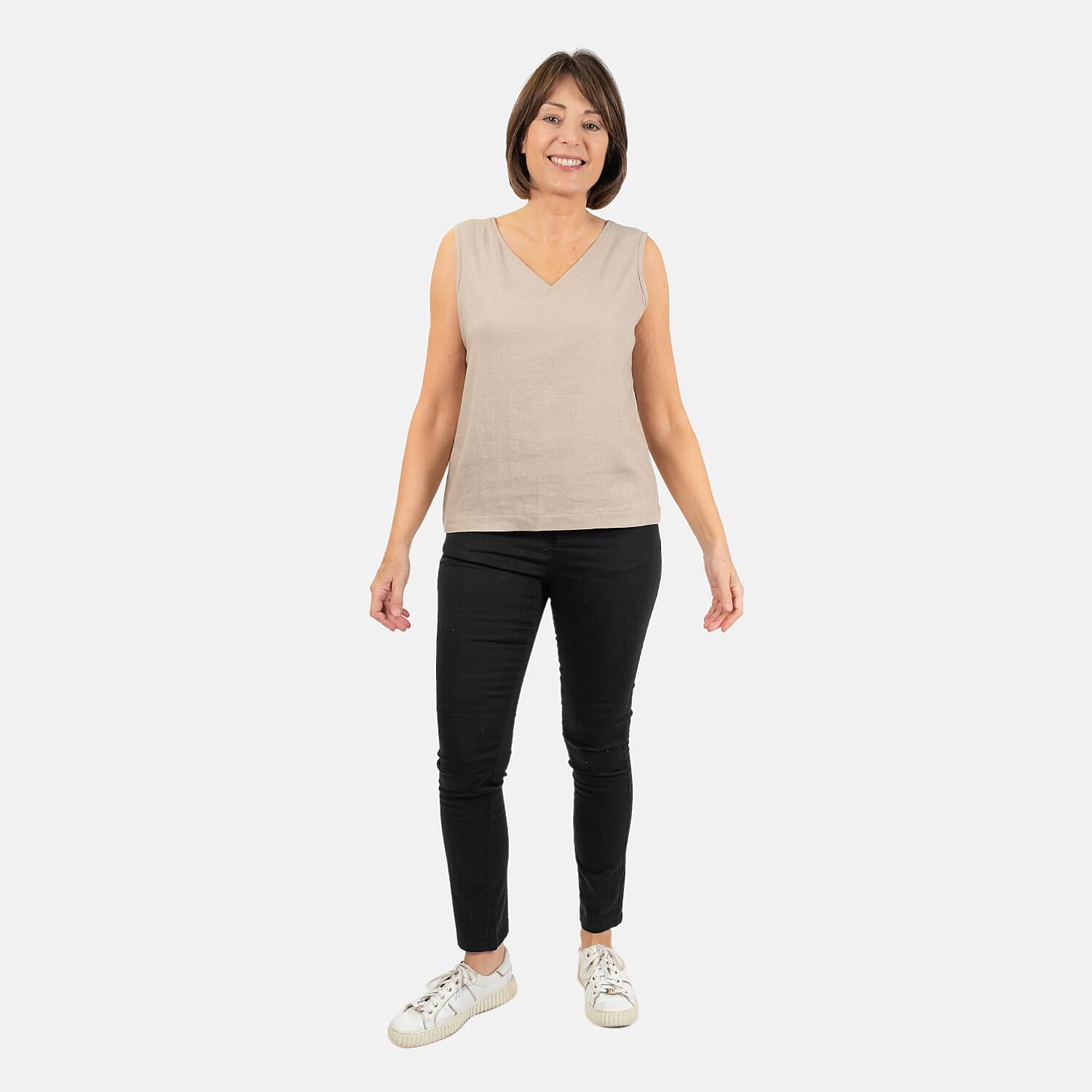 Ladies Sleeveless V-Neck Linen Top (Size 14) - Stone