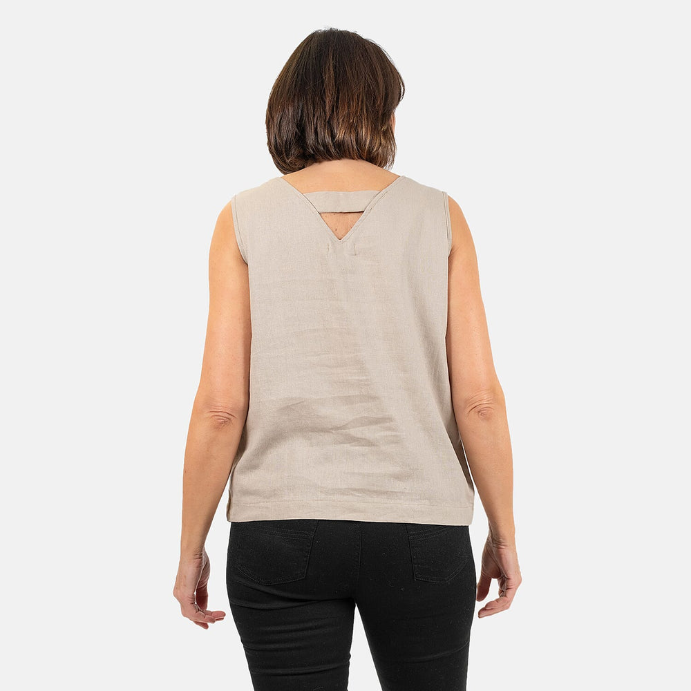 Ladies Sleeveless V-Neck Linen Top (Size 14) - Stone
