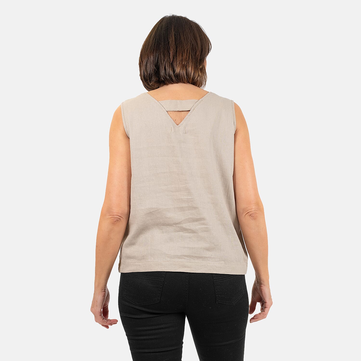 Ladies Sleeveless V-Neck Linen Top (Size 14) - Stone