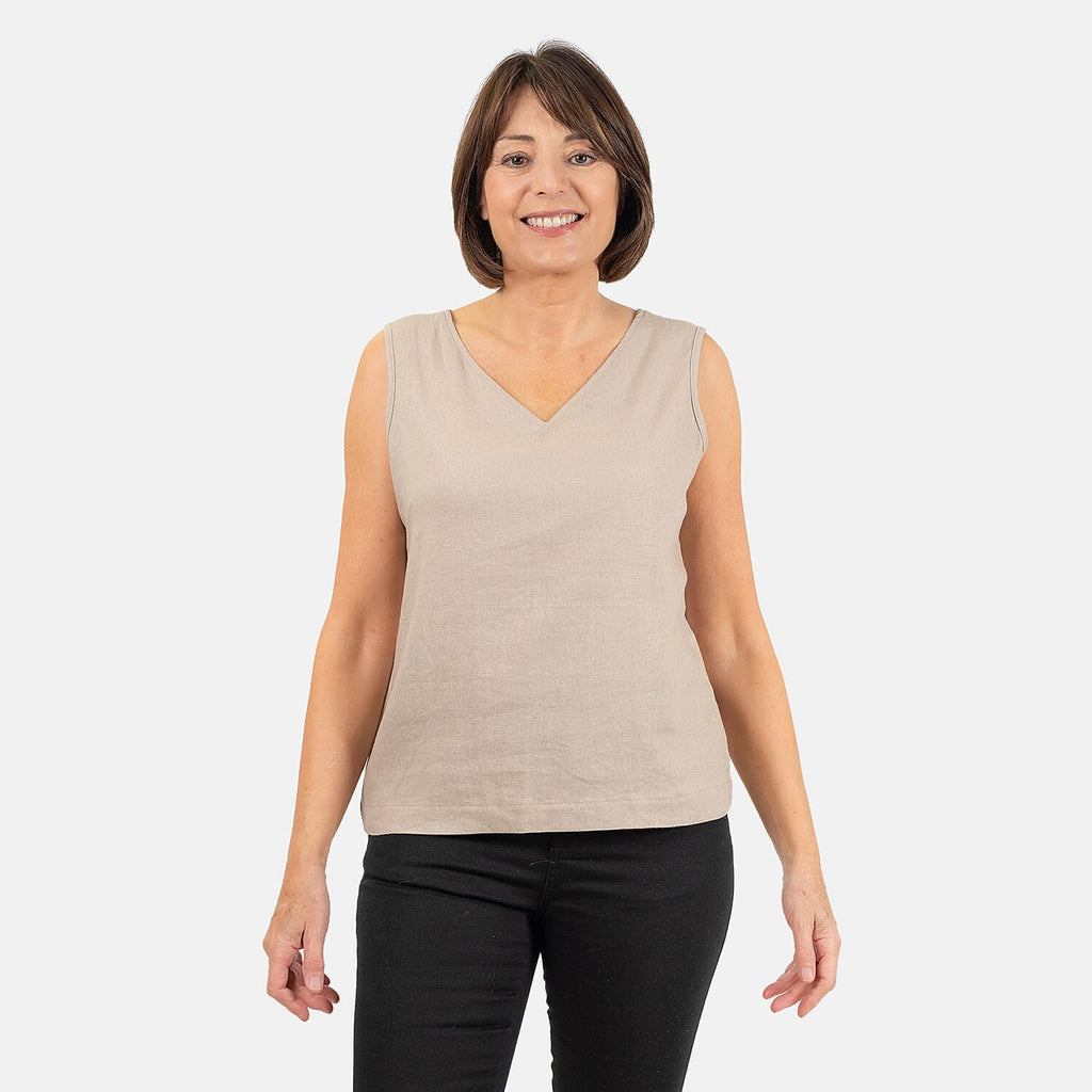 Ladies Sleeveless V-Neck Linen Top (Size 14) - Stone