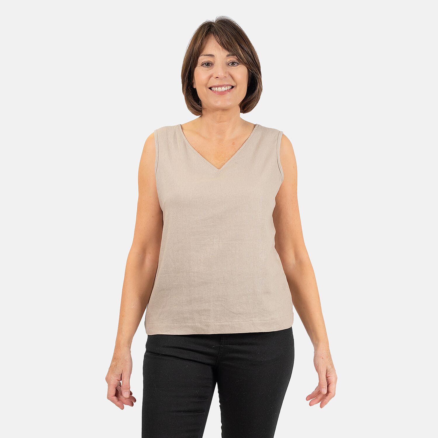 Ladies Sleeveless V-Neck Linen Top (Size 14) - Stone