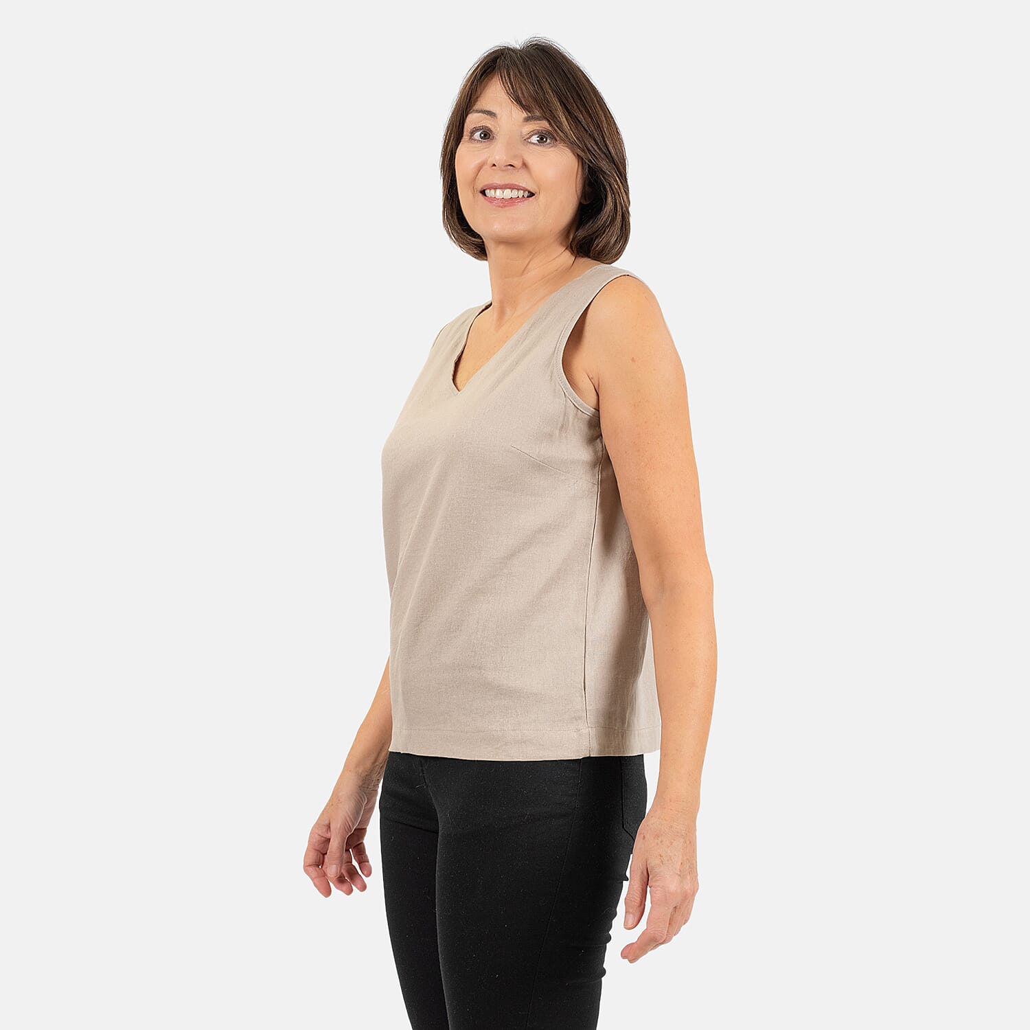Ladies Sleeveless V-Neck Linen Top (Size 14) - Stone