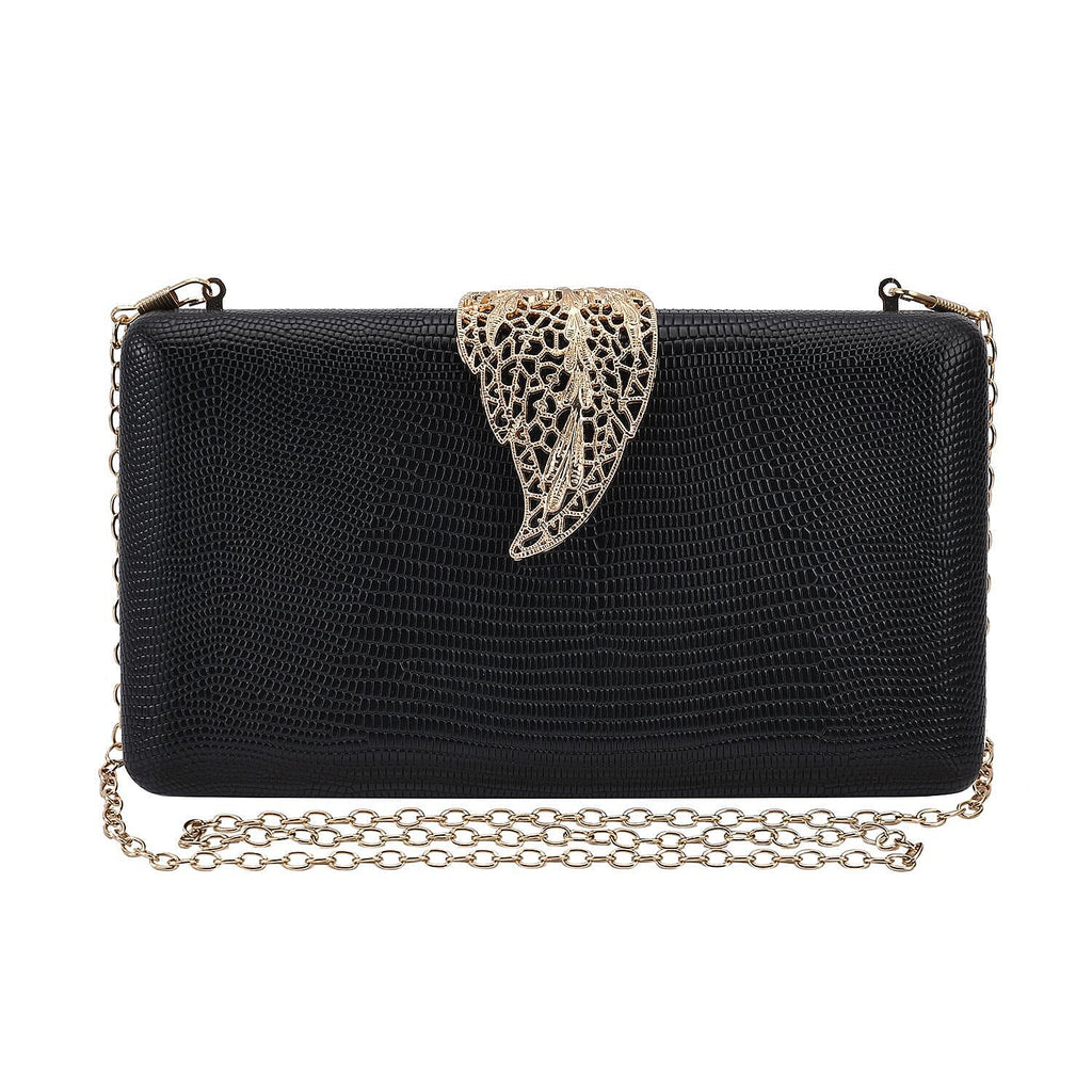 Closeout Deal - Snake Skin Pattern Clutch Bag with Leaf Clasp Closure - Black