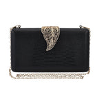 Closeout Deal - Snake Skin Pattern Clutch Bag with Leaf Clasp Closure - Black