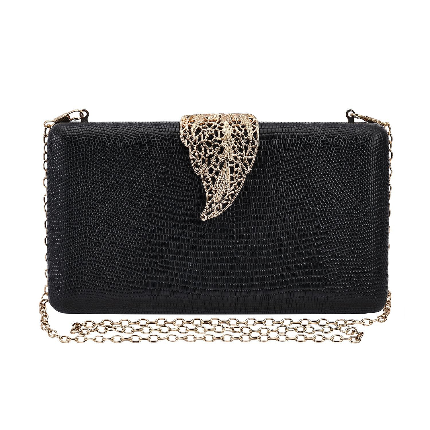 Closeout Deal - Snake Skin Pattern Clutch Bag with Leaf Clasp Closure - Black