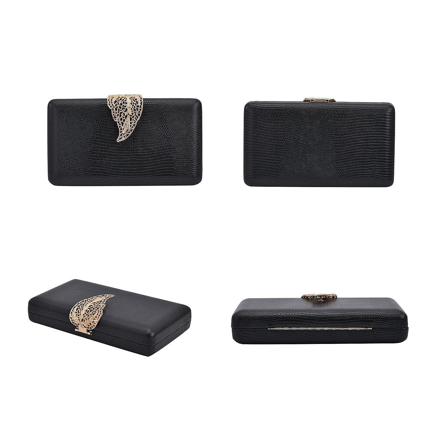 Closeout Deal - Snake Skin Pattern Clutch Bag with Leaf Clasp Closure - Black