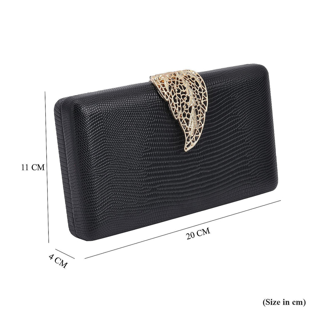 Closeout Deal - Snake Skin Pattern Clutch Bag with Leaf Clasp Closure - Black