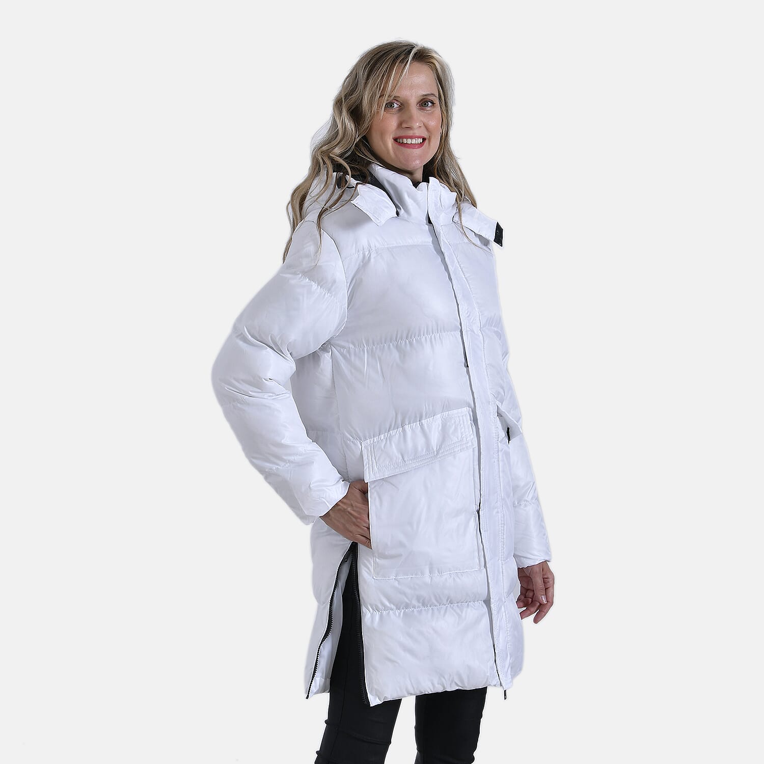 Long Padded Jacket with Two Pockets (Size S) - White