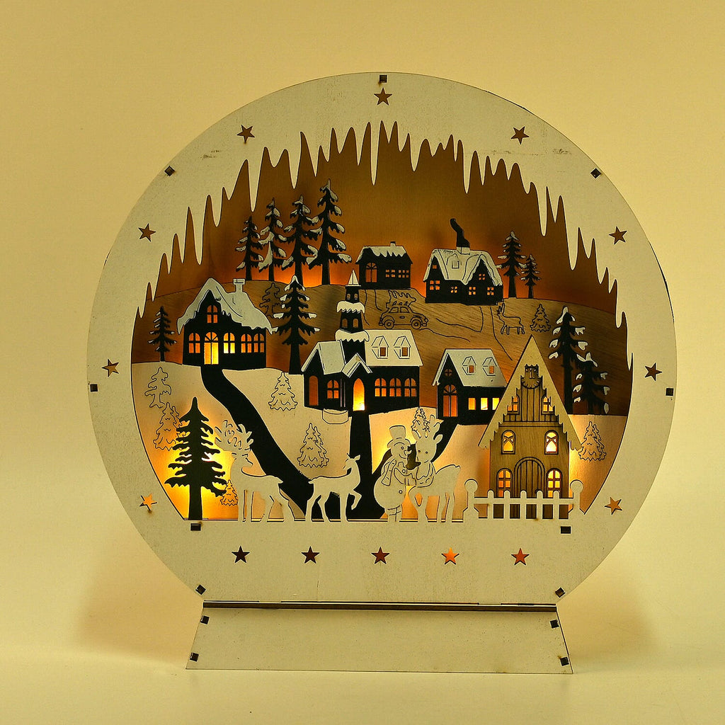 Wooden Light Up Round Christmas Village Scene - Green