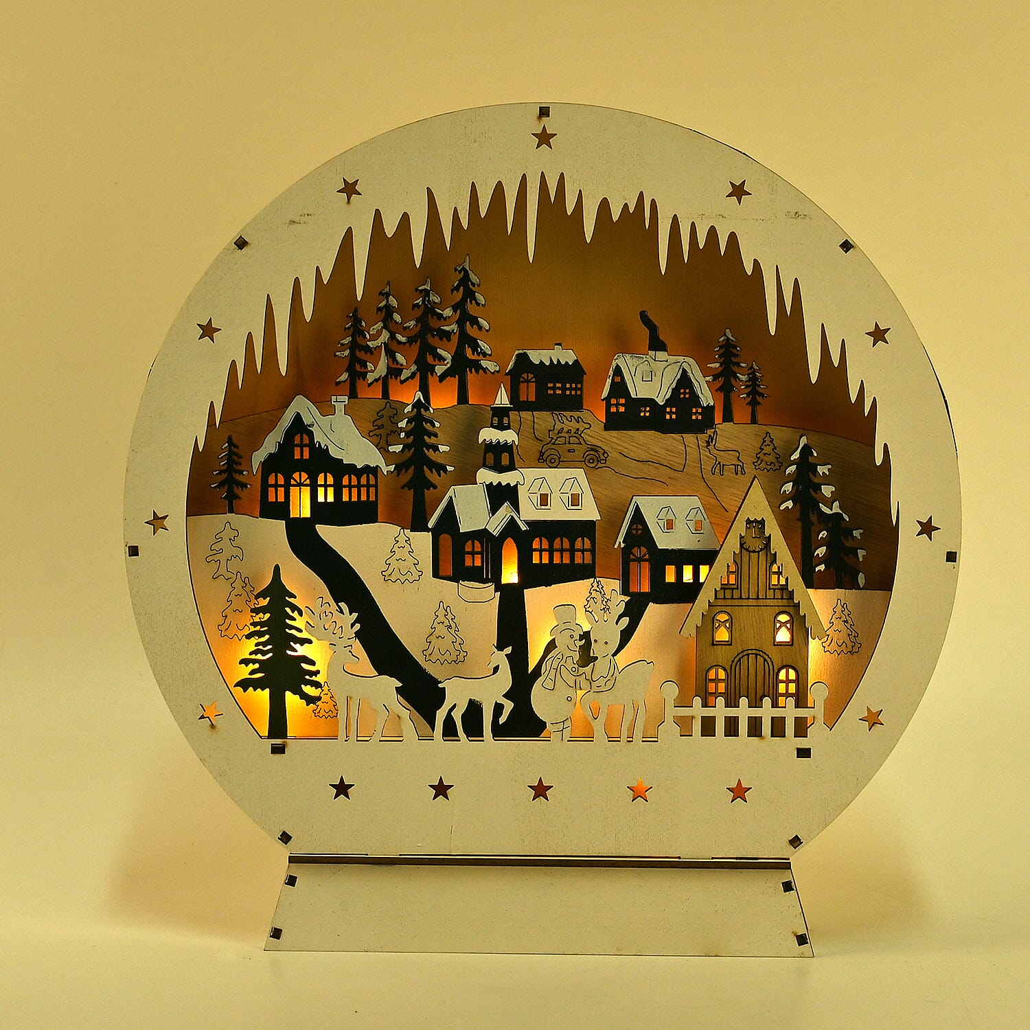 Wooden Light Up Round Christmas Village Scene - Green