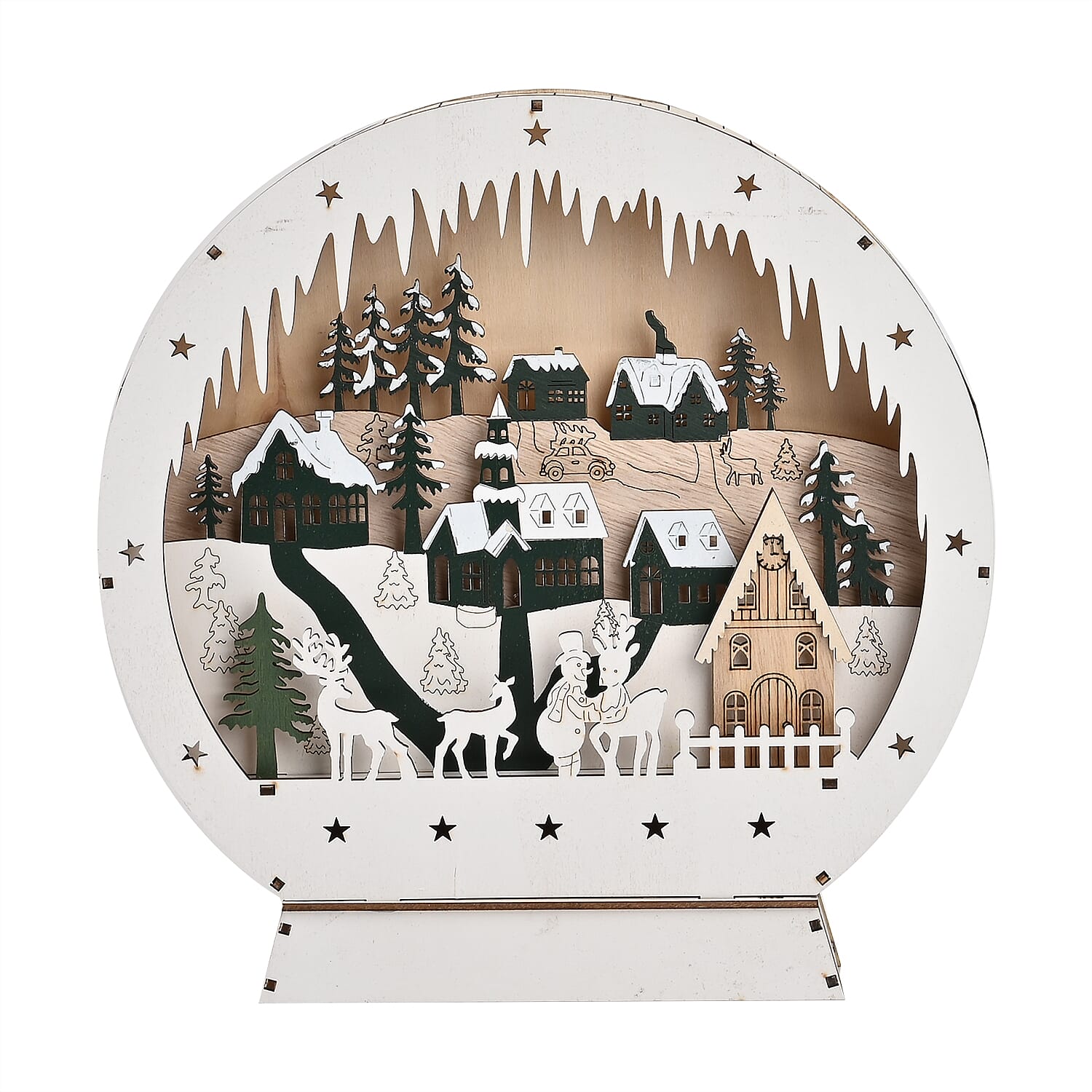 Wooden Light Up Round Christmas Village Scene - Green