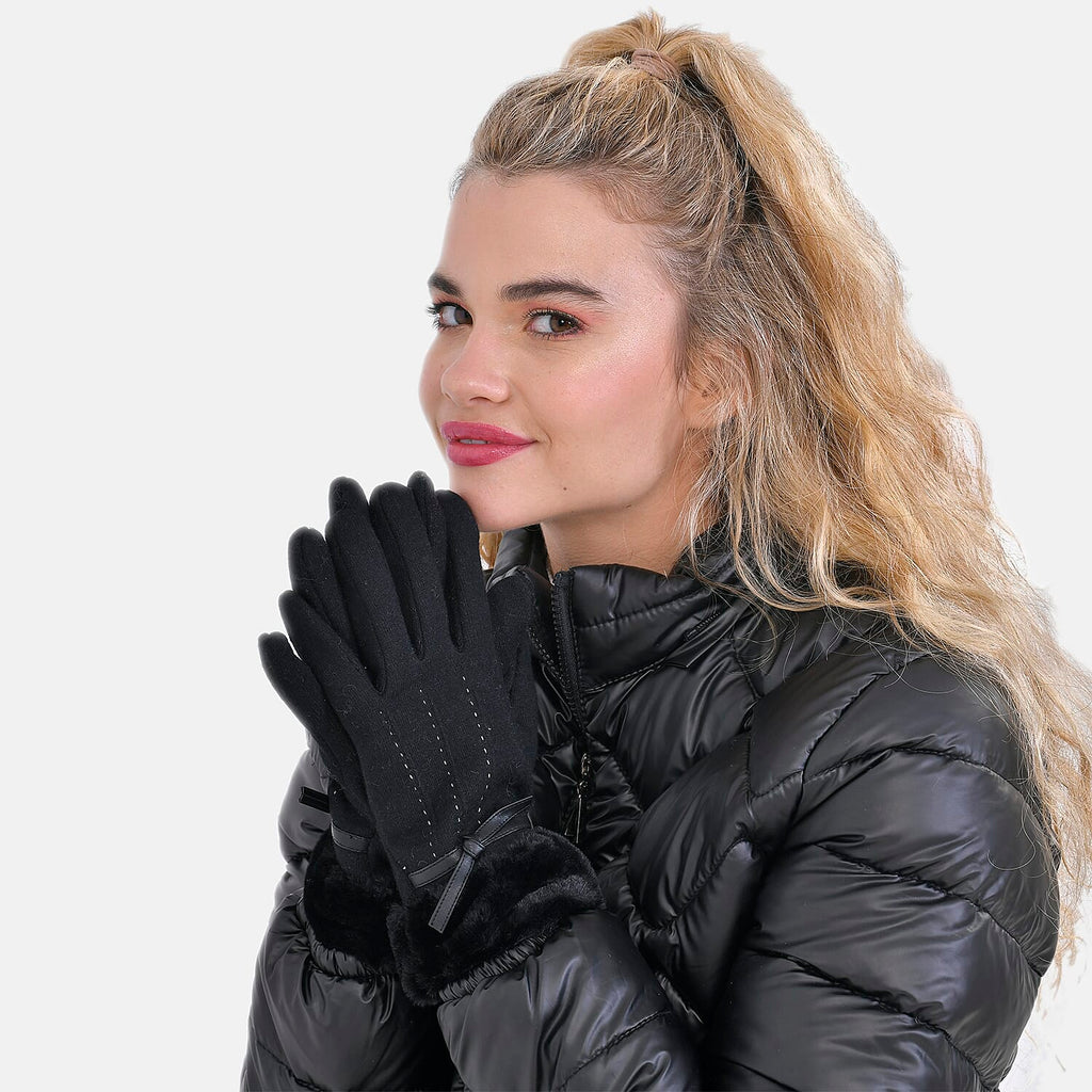 Luxurious 70% Cashmere Gloves with Faux Fur Trim- Black