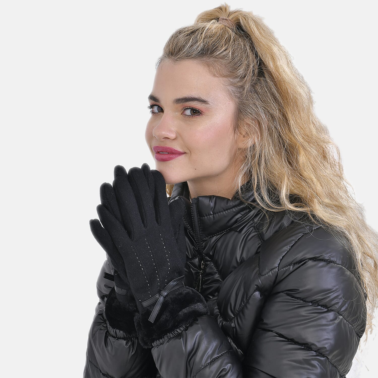 Luxurious 70% Cashmere Gloves with Faux Fur Trim- Black