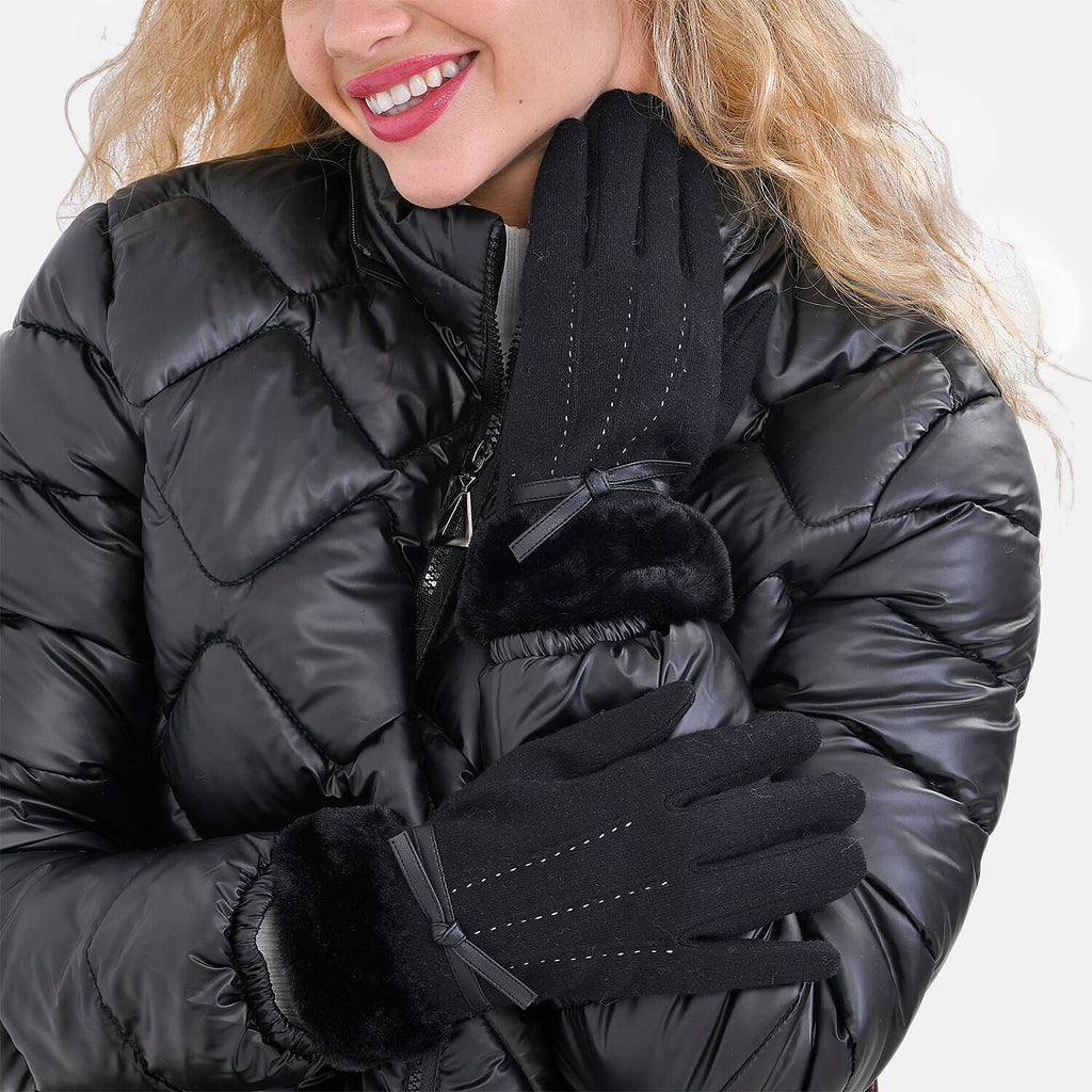 Luxurious 70% Cashmere Gloves with Faux Fur Trim- Black