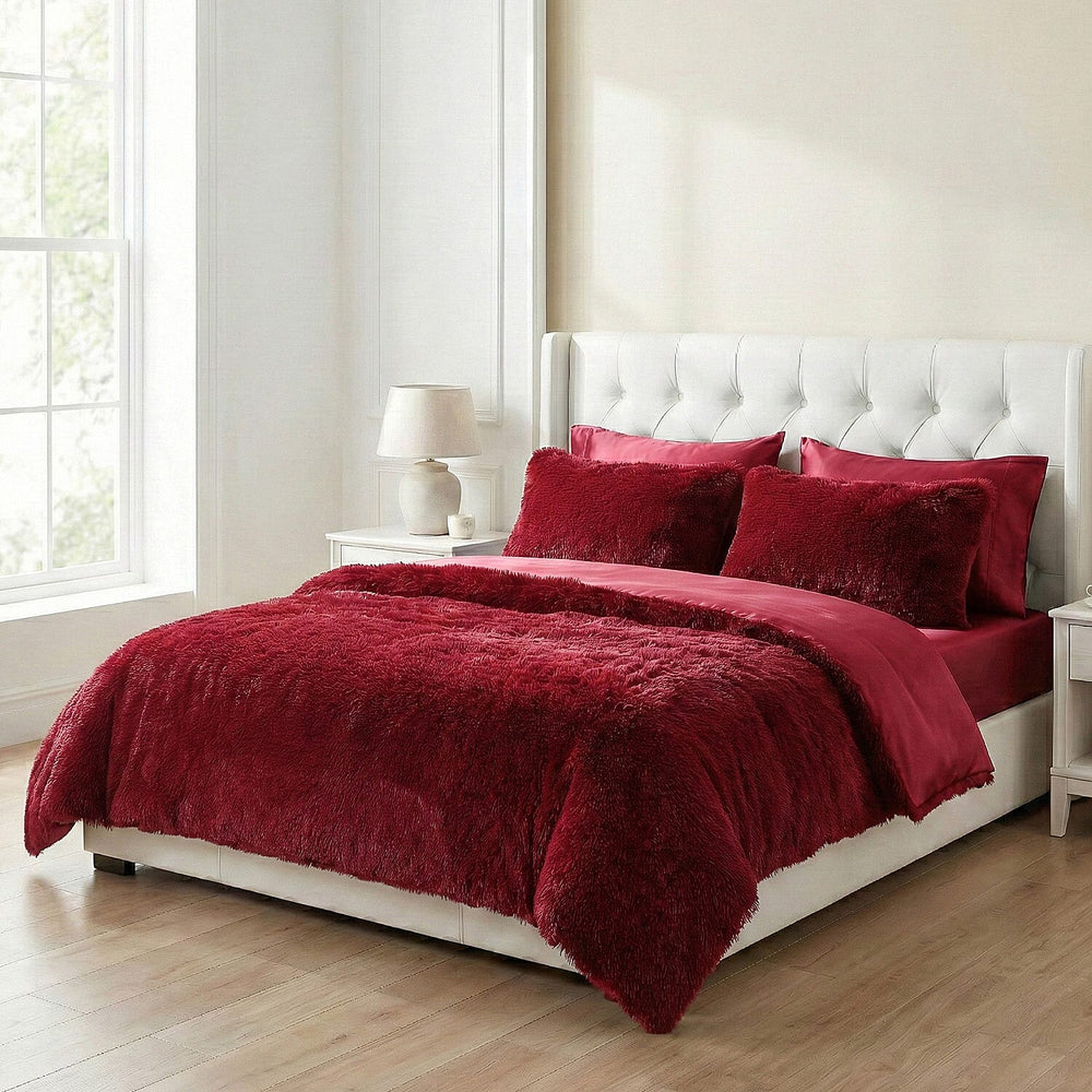 Luxury 6 Piece Winter Bedding Collection- Faux Rabbit Fur Comforter With Reversible Dutch Velvet Thermal Backing, Fitted Sheet, 2 Faux Rabbit Fur Pillowcases & 2 Velvet Pillowcases - Wine Double