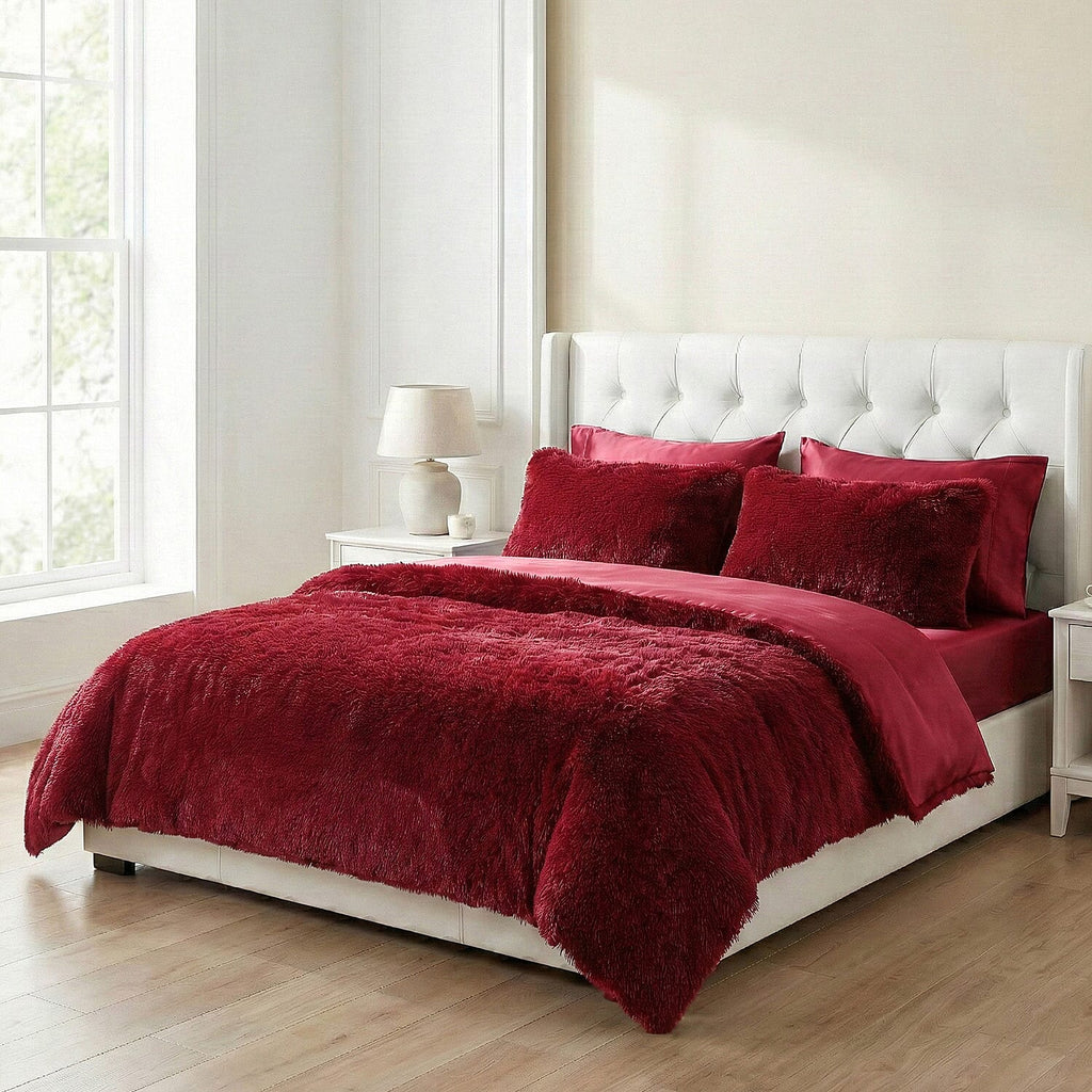 Luxury 6 Piece Winter Bedding Collection- Faux Rabbit Fur Comforter With Reversible Dutch Velvet Thermal Backing, Fitted Sheet, 2 Faux Rabbit Fur Pillowcases & 2 Velvet Pillowcases - Wine Double