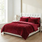 Luxury 6 Piece Winter Bedding Collection- Faux Rabbit Fur Comforter With Reversible Dutch Velvet Thermal Backing, Fitted Sheet, 2 Faux Rabbit Fur Pillowcases & 2 Velvet Pillowcases - Wine Double