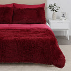 Luxury 6 Piece Winter Bedding Collection- Faux Rabbit Fur Comforter With Reversible Dutch Velvet Thermal Backing, Fitted Sheet, 2 Faux Rabbit Fur Pillowcases & 2 Velvet Pillowcases - Wine Double
