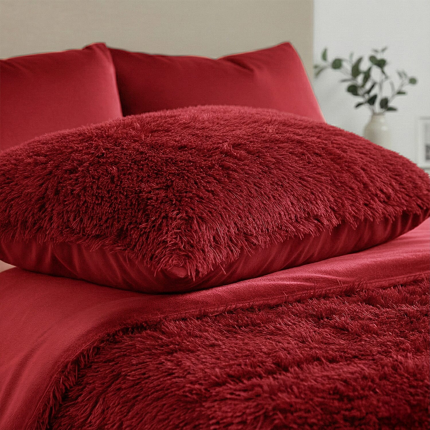 Luxury 6 Piece Winter Bedding Collection- Faux Rabbit Fur Comforter With Reversible Dutch Velvet Thermal Backing, Fitted Sheet, 2 Faux Rabbit Fur Pillowcases & 2 Velvet Pillowcases - Wine Double