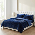 Luxury 6 Piece Winter Bedding Collection- Faux Rabbit Fur Comforter With Reversible Dutch Velvet Thermal Backing, Fitted Sheet, 2 Faux Rabbit Fur Pillowcases & 2 Velvet Pillowcases - Blue King