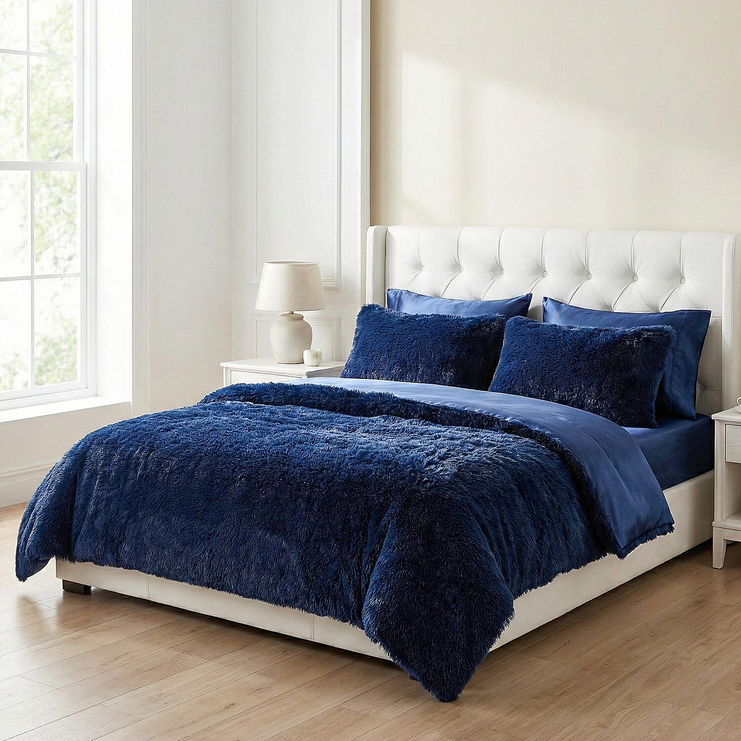 Luxury 6 Piece Winter Bedding Collection- Faux Rabbit Fur Comforter With Reversible Dutch Velvet Thermal Backing, Fitted Sheet, 2 Faux Rabbit Fur Pillowcases & 2 Velvet Pillowcases - Blue King