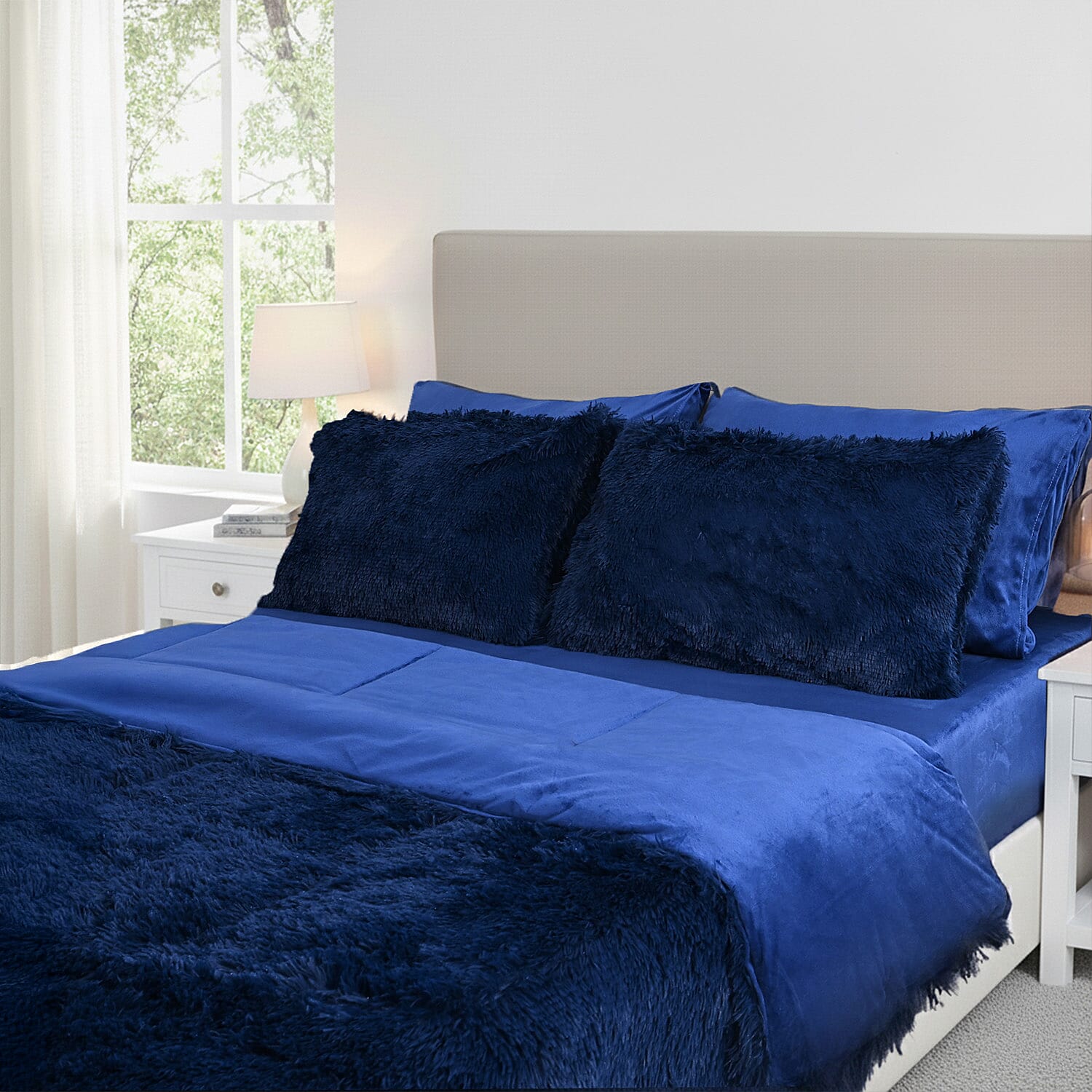 Luxury 6 Piece Winter Bedding Collection- Faux Rabbit Fur Comforter With Reversible Dutch Velvet Thermal Backing, Fitted Sheet, 2 Faux Rabbit Fur Pillowcases & 2 Velvet Pillowcases - Blue King