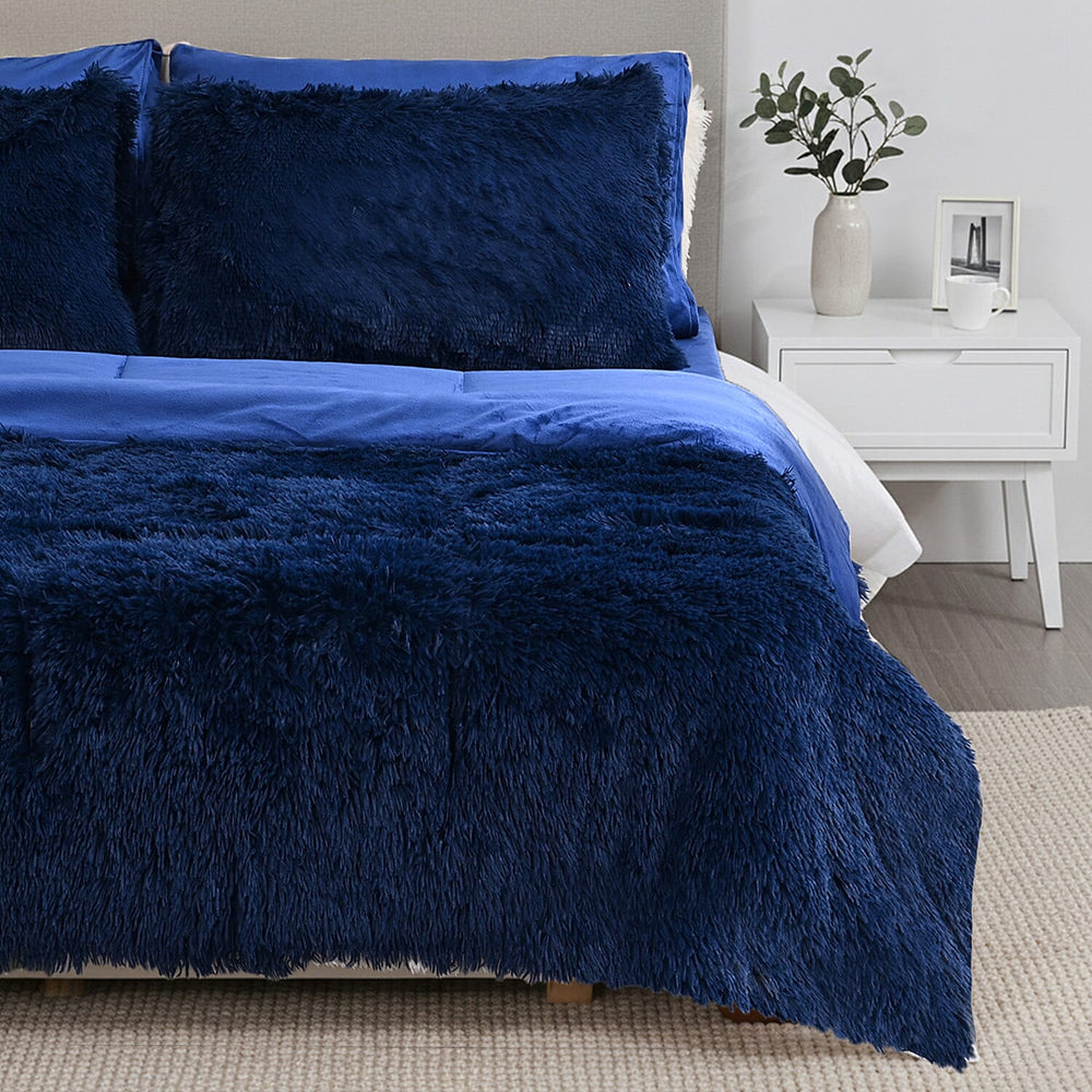 Luxury 6 Piece Winter Bedding Collection- Faux Rabbit Fur Comforter With Reversible Dutch Velvet Thermal Backing, Fitted Sheet, 2 Faux Rabbit Fur Pillowcases & 2 Velvet Pillowcases - Blue King
