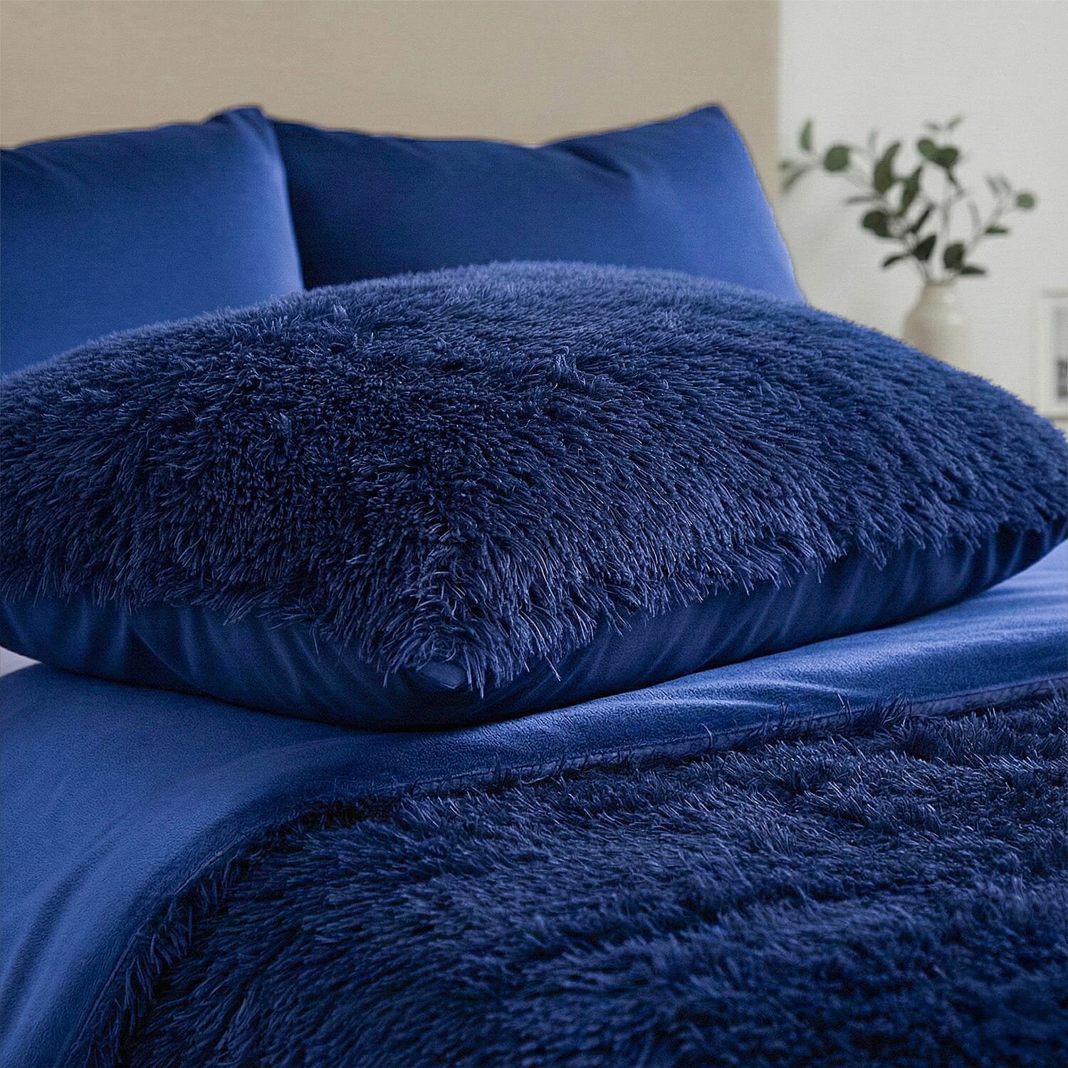 Luxury 6 Piece Winter Bedding Collection- Faux Rabbit Fur Comforter With Reversible Dutch Velvet Thermal Backing, Fitted Sheet, 2 Faux Rabbit Fur Pillowcases & 2 Velvet Pillowcases - Blue King