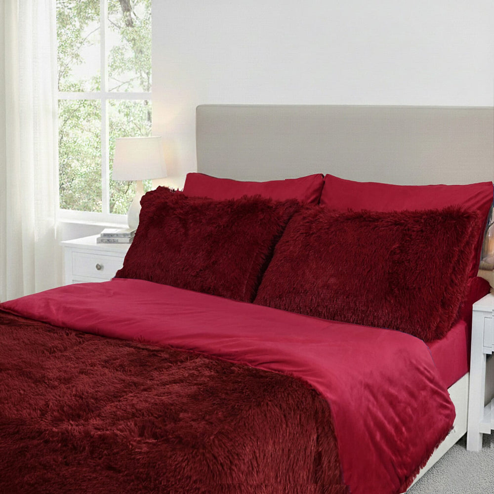 Luxury 6 Piece Winter Bedding Collection- Faux Rabbit Fur Comforter With Reversible Dutch Velvet Thermal Backing, Fitted Sheet, 2 Faux Rabbit Fur Pillowcases & 2 Velvet Pillowcases - Wine King