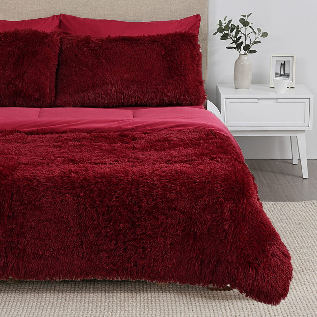 Luxury 6 Piece Winter Bedding Collection- Faux Rabbit Fur Comforter With Reversible Dutch Velvet Thermal Backing, Fitted Sheet, 2 Faux Rabbit Fur Pillowcases & 2 Velvet Pillowcases - Wine King