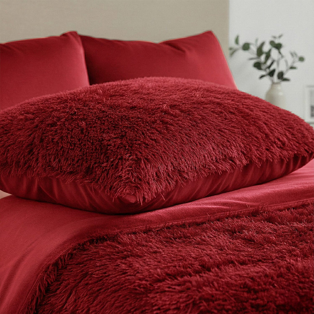 Luxury 6 Piece Winter Bedding Collection- Faux Rabbit Fur Comforter With Reversible Dutch Velvet Thermal Backing, Fitted Sheet, 2 Faux Rabbit Fur Pillowcases & 2 Velvet Pillowcases - Wine King