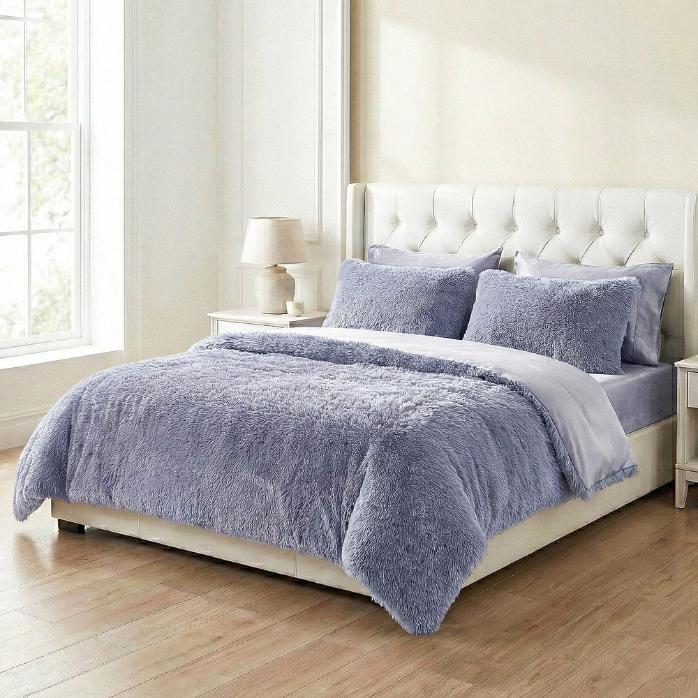 Luxury 6 Piece Winter Bedding Collection- Faux Rabbit Fur Comforter With Reversible Dutch Velvet Thermal Backing, Fitted Sheet, 2 Faux Rabbit Fur Pillowcases & 2 Velvet Pillowcases - Grey King