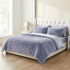 Luxury 6 Piece Winter Bedding Collection- Faux Rabbit Fur Comforter With Reversible Dutch Velvet Thermal Backing, Fitted Sheet, 2 Faux Rabbit Fur Pillowcases & 2 Velvet Pillowcases - Grey King