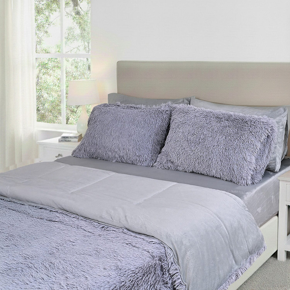 Luxury 6 Piece Winter Bedding Collection- Faux Rabbit Fur Comforter With Reversible Dutch Velvet Thermal Backing, Fitted Sheet, 2 Faux Rabbit Fur Pillowcases & 2 Velvet Pillowcases - Grey King
