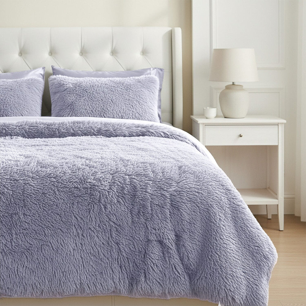 Luxury 6 Piece Winter Bedding Collection- Faux Rabbit Fur Comforter With Reversible Dutch Velvet Thermal Backing, Fitted Sheet, 2 Faux Rabbit Fur Pillowcases & 2 Velvet Pillowcases - Grey King