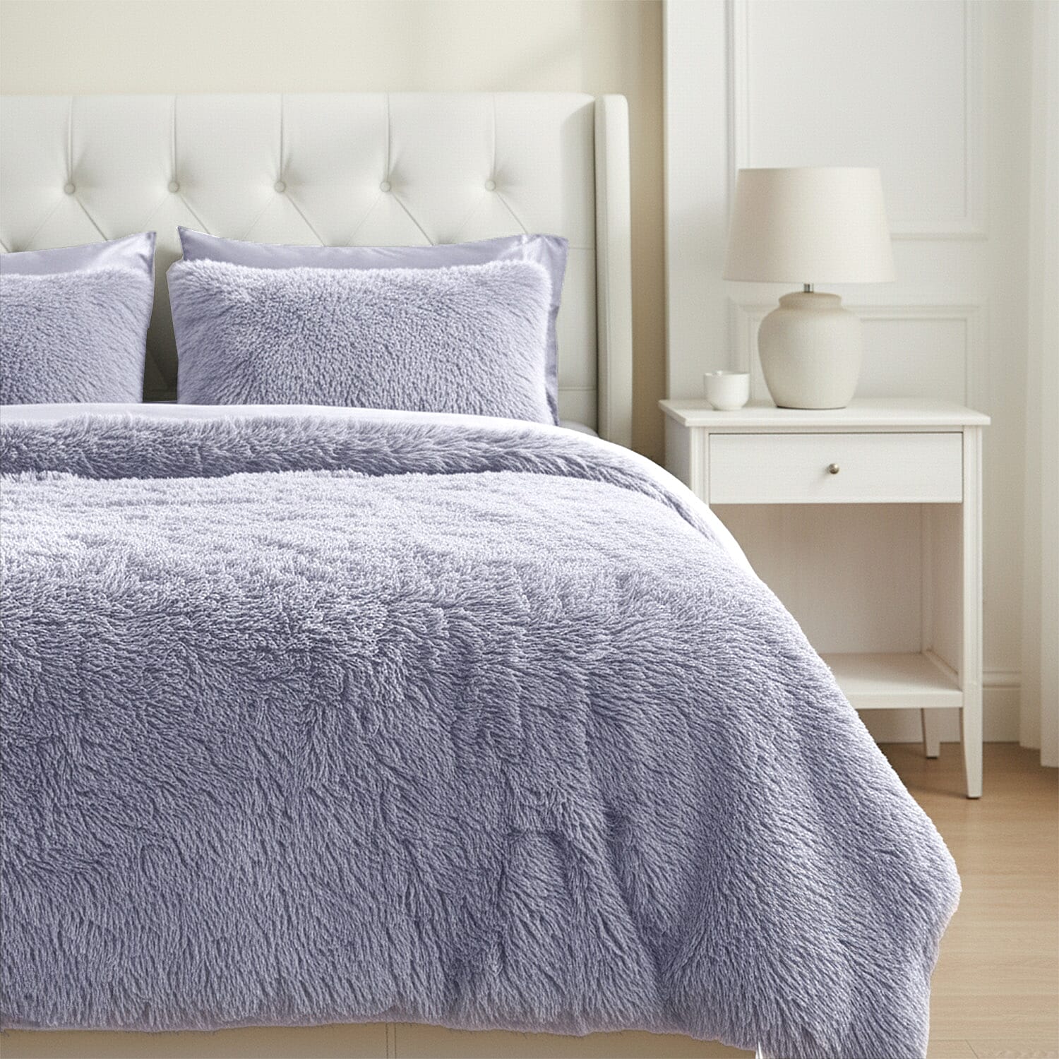 Luxury 6 Piece Winter Bedding Collection- Faux Rabbit Fur Comforter With Reversible Dutch Velvet Thermal Backing, Fitted Sheet, 2 Faux Rabbit Fur Pillowcases & 2 Velvet Pillowcases - Grey King