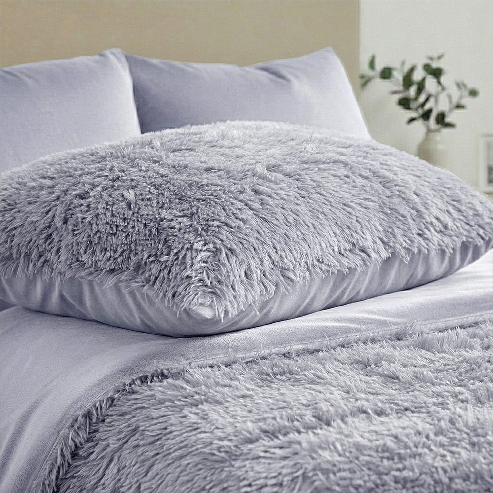 Luxury 6 Piece Winter Bedding Collection- Faux Rabbit Fur Comforter With Reversible Dutch Velvet Thermal Backing, Fitted Sheet, 2 Faux Rabbit Fur Pillowcases & 2 Velvet Pillowcases - Grey King