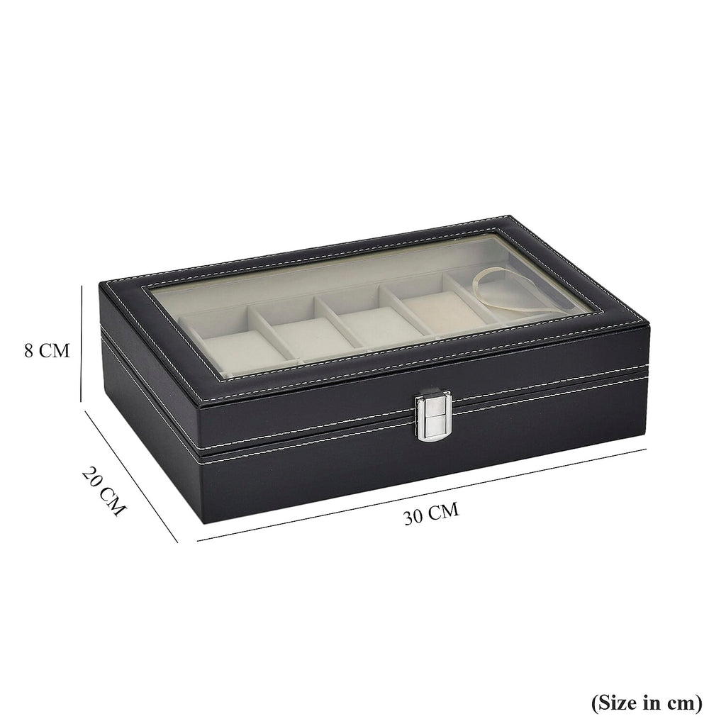Luxury Watch Display Box with 12 Velvet Watch Cushions With Transparent Window (Size 30x20x8 cm) - Black