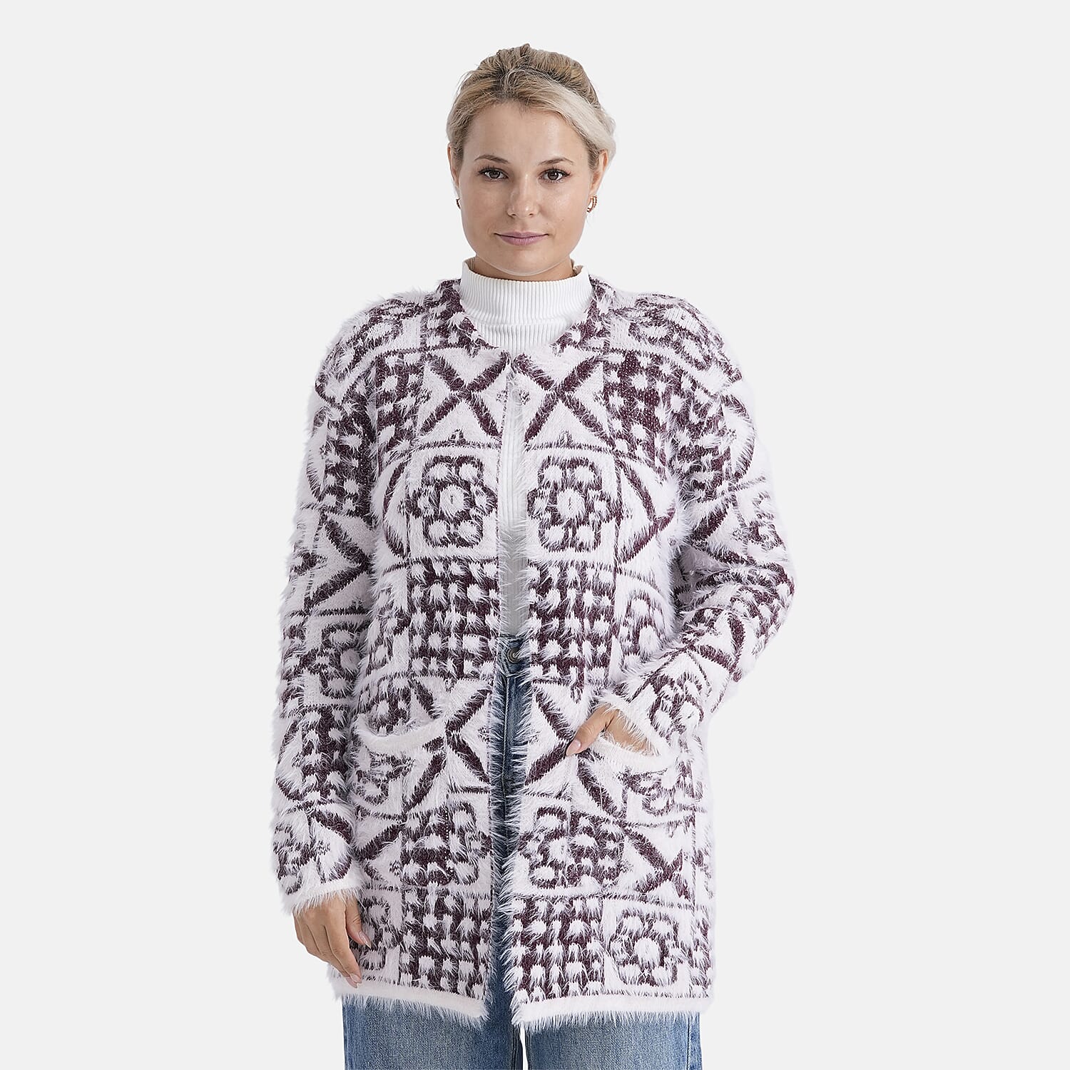 - MAISI Hoodless Coatigan (One Size, Fits UK 8-20) - Dark Plum - White