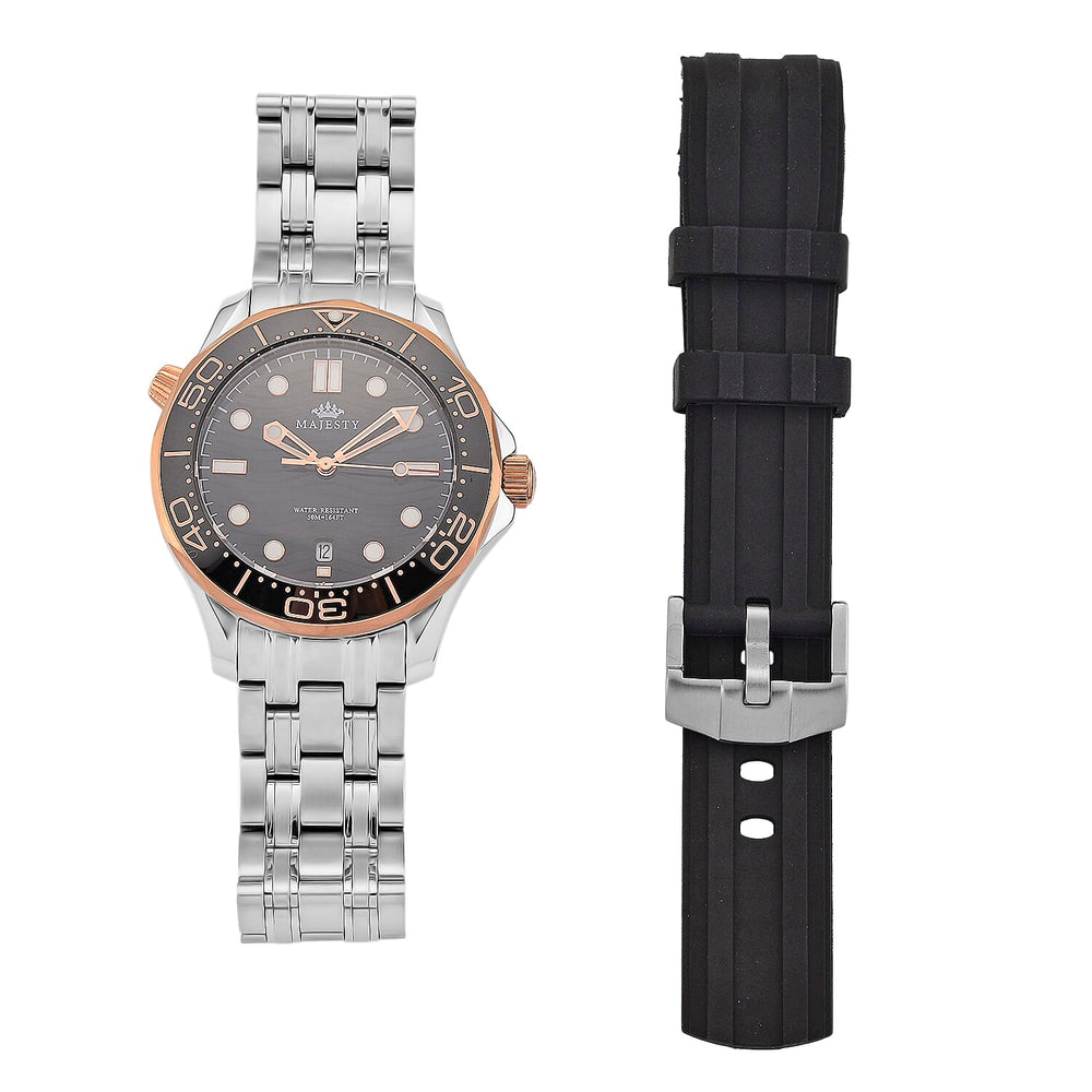 MAJESTY Diver Automatic Mechanical Miyota 8215 5ATM WR Black Hydraulic Dial - Two-Tone Case Mens Watch with Two-Tone Stainless Steel Strap