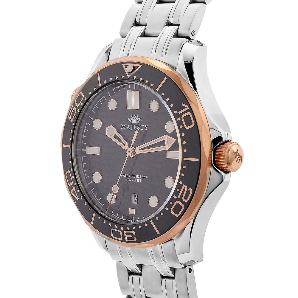 MAJESTY Diver Automatic Mechanical Miyota 8215 5ATM WR Black Hydraulic Dial - Two-Tone Case Mens Watch with Two-Tone Stainless Steel Strap