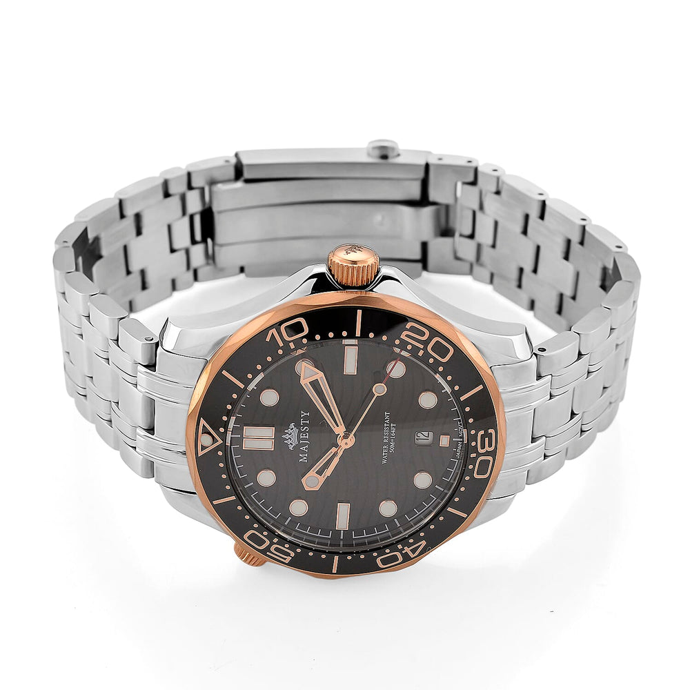 MAJESTY Diver Automatic Mechanical Miyota 8215 5ATM WR Black Hydraulic Dial - Two-Tone Case Mens Watch with Two-Tone Stainless Steel Strap