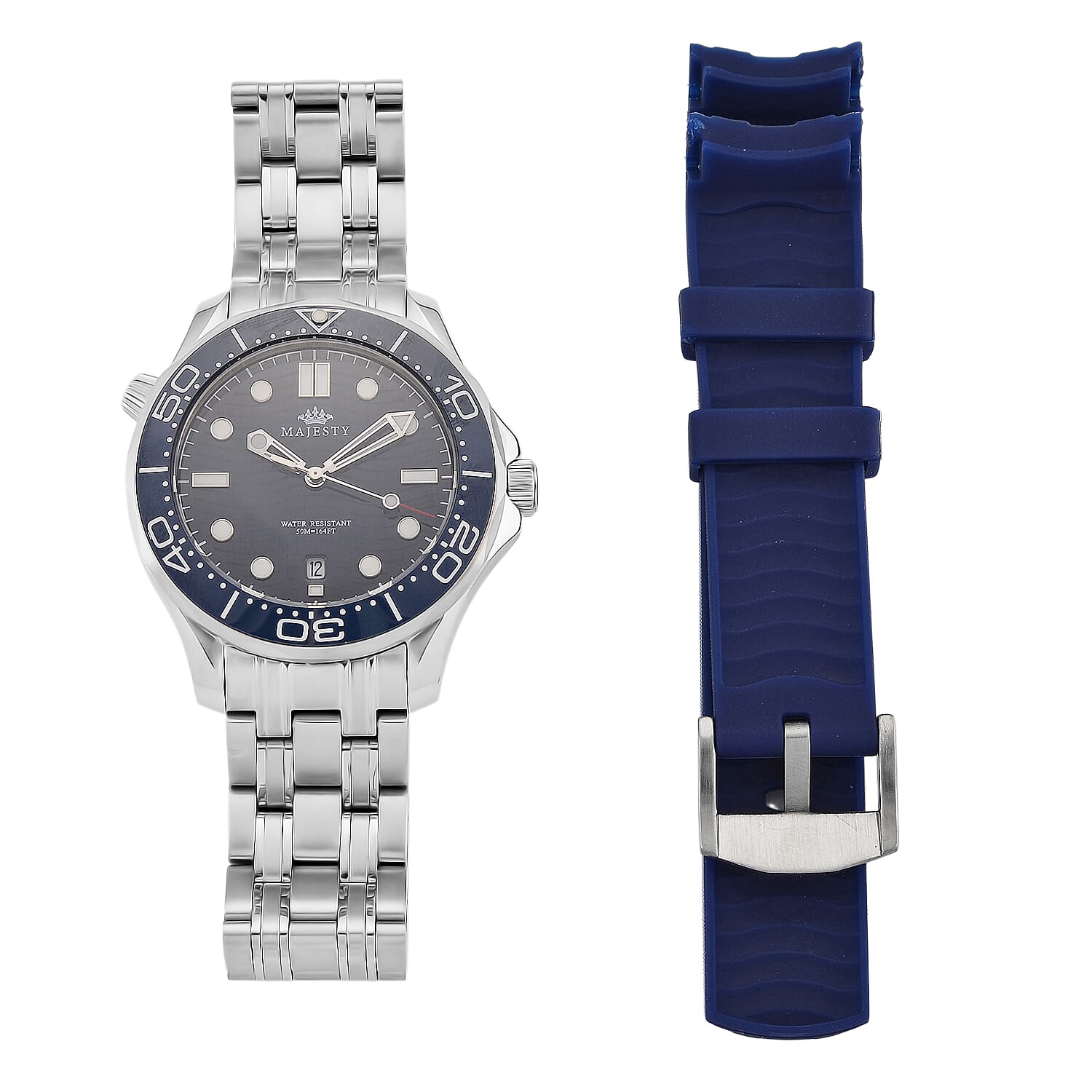 MAJESTY Diver Automatic Mechanical Miyota 8215 5ATM WR Blue Hydraulic Dial - Silver Case Mens Watch with Silver Stainless Steel Strap
