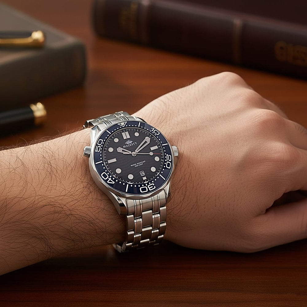 MAJESTY Diver Automatic Mechanical Miyota 8215 5ATM WR Blue Hydraulic Dial - Silver Case Mens Watch with Silver Stainless Steel Strap